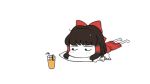  animated animated_gif barefoot bow brown_hair chibi commentary cup drink drinking_glass drinking_straw full_body hair_bow hair_tubes hakurei_reimu looking_up lying manamanami on_stomach orange_juice outstretched_arms pillow ribbon-trimmed_sleeves ribbon_trim skirt solo_focus touhou 