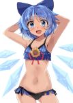  :d armpits arms_behind_head arms_up bangs bikini black_ribbon blue_bikini blue_bow blue_eyes blue_hair blush bow cirno collarbone commentary_request contrapposto cowboy_shot dark_skin detached_wings e.o. eyebrows_visible_through_hair flat_chest flower frilled_bikini frills hair_bow hidden_star_in_four_seasons highres ice ice_wings navel open_mouth red_ribbon revision ribbon shiny shiny_hair short_hair side-tie_bikini simple_background smile solo standing stomach sunflower swimsuit tan tanned_cirno tareme thighs touhou v-shaped_eyebrows white_background wings 