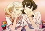  blonde_hair breasts brown_hair chin_rest cleavage collarbone food gradient gradient_background grey_eyes ice_cream jewelry k_utao looking_at_viewer multiple_girls necklace niijima_makoto parted_lips persona persona_5 red_eyes shirt short_hair short_sleeves side_ponytail small_breasts takamaki_anne upper_body white_shirt 