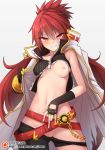  ass_visible_through_thighs asymmetrical_clothes asymmetrical_gloves belt beltskirt black_gloves blazing_heart_(elsword) blush breasts breasts_apart chain chinese_commentary coat commentary_request cowboy_shot elesis_(elsword) elsword eyebrows_visible_through_hair eyes_visible_through_hair fingerless_gloves gloves grin hair_between_eyes long_hair looking_at_viewer md5_mismatch medium_breasts navel nipples one_breast_out pants_pull parted_lips patreon_username pussy red_eyes red_hair simple_background single_pantsleg smile solo spiked_hair v-shaped_eyebrows waero white_background 