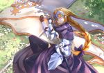  armored_dress banner black_hair black_legwear bow braid closed_eyes day dress eyebrows_visible_through_hair faicha fate/apocrypha fate_(series) from_above gauntlets hair_between_eyes hair_bow highres jeanne_d'arc_(fate) jeanne_d'arc_(fate)_(all) long_hair lying on_side outdoors parted_lips ponytail purple_bow purple_dress sheath sheathed single_braid sleeping sword thighhighs very_long_hair weapon 