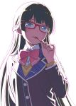  artist_name bangs bespectacled black_hair black_jacket blazer blue_eyes blunt_bangs blush bow bowtie buttons commentary_request dated glasses hair_ornament hairclip highres jacket licking long_hair long_sleeves looking_at_viewer nijisanji pink_bow red-framed_eyewear school_uniform shiwasu_takashi solo tongue tongue_out tsukino_mito upper_body virtual_youtuber white_background 