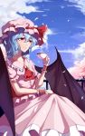  bat_wings blue_hair chinese_commentary commentary_request dress drinking hand_on_leg hat highres looking_away mob_cap red_dress red_eyes remilia_scarlet short_hair sitting snozaki touhou wings 
