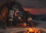  2018 anthro axe breasts campfire clothed clothing detailed_background digital_media_(artwork) feline female hair helena_sif_(elfox) honovy legwear leopard long_hair mammal melee_weapon shield snow_leopard solo weapon 