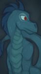  2018 anthro blue_hair blue_scales dragon grey_background hair looking_aside male marsminer nude red_eyes scales scalie simple_background solo spikes tail_tuft tuft 