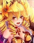  armor artist_request blonde_hair blush brave_frontier breasts choker cleavage crossover drill_hair flower gloves hair_between_eyes hair_flower hair_ornament large_breasts long_hair michele_(brave_frontier) official_art open_mouth orange_eyes phantom_of_the_kill very_long_hair 