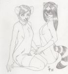  anthro breasts cassie_lawton clothing dreadwolfclaw1990 duo female greyscale hi_res kneeling looking_at_viewer mammal monochrome mouse procyonid raccoon ringed_tail rodent shiloh_fawkes side_boob simple_background sitting sweater virgin_killer_sweater 