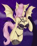  2018 alternate_species anthro bat_pony bat_wings blush bra breasts choker cleavage clothed clothing cutie_mark equine eyebrows eyelashes fangs female flutterbat_(mlp) fluttershy_(mlp) friendship_is_magic hair hair_over_eye hooves legwear lingerie mammal membranous_wings my_little_pony navel night outside panties pantyhose pink_hair portrait red_eyes signature sky slit_pupils solo spread_wings star starry_sky suqarskvll thigh_highs three-quarter_portrait tree underwear watermark wings 