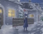  blue_hair commentary constanze_amalie_von_braunschbank-albrechtsberger english english_commentary green_eyes highres holding holding_sign jakobthehermit little_witch_academia sad sign snowing spoilers stanbot_(little_witch_academia) 