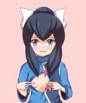  1girl bangs black_hair blue_eyes blue_shirt blush breasts female flashing hair_bun hair_ornament hair_ribbon hands_up kaimu_(qewcon) long_sleeves looking_at_viewer nipples no_bra open_clothes pink_background pokemon pokemon_(game) pokemon_oras ran_(pokemon) ribbon shiny shiny_hair shirt simple_background small_breasts smile solo standing textless tied_hair upper_body white_ribbon 