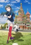  2018_fifa_world_cup :d adidas ball bangs blue_hair building check_commentary commentary commentary_request day france hair_bun highres kicking long_hair looking_at_viewer love_live! love_live!_sunshine!! md5_mismatch open_mouth purple_eyes red_square russia side_bun sky smile soccer soccer_ball soccer_uniform solo sportswear st_basil's_cathedral statue tank_ryousaku telstar_18 tsushima_yoshiko world_cup 