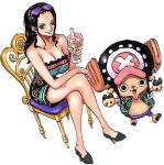  1girl bikini_top breasts brown_eyes cleavage drink jeans large_breasts long_hair navel nico_robin oda_eiichirou one_piece reindeer smile tony_tony_chopper yokozuwari 