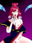  1girl bare_shoulders breasts breasts_outside collarbone duteu evelynn green_eyes horn large_breasts league_of_legends nail_polish open_mouth red_hair short_hair tongue 