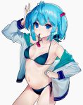  ainy77 antenna_hair aqua_bikini arched_back bikini blue_eyes blue_hair blush breasts closed_mouth collarbone cowboy_shot eyebrows_visible_through_hair hair_bobbles hair_ornament highres holding holding_hair kawashiro_nitori looking_at_viewer mouth_hold navel open_clothes open_shirt school_uniform serafuku sidelocks smile solo swimsuit thighs touhou twintails two_side_up tying_hair undressing white_background 