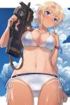  bikini blonde_girl_(itou) blue_eyes blue_sky blush bow breasts bullpup closed_mouth cloud commentary_request day gun hair_bow highres holding holding_weapon itou_(onsoku_tassha) large_breasts layered_bikini looking_at_viewer navel one-piece_tan original p90 short_hair side-tie_bikini sky solo submachine_gun swimsuit tan tanline weapon wet white_bikini white_bow 