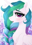  2018 abstract_background blush braided_hair bust_portrait chest_tuft equine eyebrows eyelashes feathered_wings feathers female feral friendship_is_magic fur hair hi_res horn long_hair looking_at_viewer mammal multicolored_hair my_little_pony nude open_mouth portrait princess_celestia_(mlp) purple_eyes rainbow_hair side_view solo teeth tongue tuft vird-gi white_feathers winged_unicorn wings 