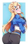  1girl ass blonde_hair blue_eyes blush breasts cameltoe eko fingerless_gloves from_behind gloves hair_ornament hairclip half_updo large_breasts long_hair looking_at_viewer nintendo open_mouth pants princess_zelda shiny shiny_clothes shiny_hair shirt sideboob solo the_legend_of_zelda the_legend_of_zelda:_breath_of_the_wild 