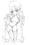  alternate_costume breasts character_check commentary_request curly_hair dragon_quest dragon_quest_ii fur_hat hat kichijou_agata long_hair monochrome princess_of_moonbrook solo swimsuit swimsuit_under_clothes thighhighs 