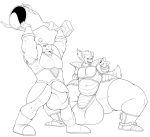  anthro balls beard big_balls boots bulge clothed clothing dawmino dragon dragon_ball dragon_ball_z duo facial_hair footwear hair huge_balls hyper hyper-penis hyper_balls hyper_thighs male monochrome muscular open_mouth overweight overweight_male pose simple_background standing thick_thighs white_background 