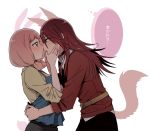  animal_ears bang_dream! bangs belt black_collar blush bunny_ears bunny_tail eye_contact face-to-face from_side hands_on_another's_face hug long_hair long_sleeves looking_at_another low_twintails medium_hair multiple_girls open_mouth pink_hair re_ghotion red_hair red_shirt shirt sweatdrop tail translated twintails udagawa_tomoe uehara_himari white_background wolf_ears wolf_tail yellow_shirt yuri 
