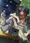  2boys :d animal armchair arms_behind_back bangs black_hair black_scarf black_shirt black_skirt brown_eyes brown_scarf chair commentary_request day dice dog dual_persona eyebrows_visible_through_hair fate/grand_order fate_(series) fingernails fringe_trim gloves grey_kimono hair_over_one_eye hamada_pochiwo hat highres holding jacket japanese_clothes kimono koha-ace leaf leaves_in_wind long_hair long_sleeves low_ponytail multiple_boys okada_izou_(dog) okada_izou_(fate) open_mouth oryou_(fate) outdoors pantyhose parted_lips pink_legwear pleated_skirt ponytail red_eyes sakamoto_ryouma_(fate) scarf shirt sitting skirt smile v-shaped_eyebrows very_long_hair white_gloves white_hat white_jacket wide_sleeves 