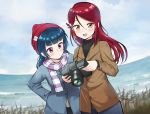  2girls :d bangs beanie black_shirt blue_coat blue_hair blunt_bangs blush brand_name_imitation brown_coat camera ceph_(greatyazawa1819) coat commentary_request day grass hair_ornament hairclip hand_on_hip hat highres holding holding_camera long_hair long_sleeves love_live! love_live!_sunshine!! multiple_girls nikon_(company) ocean open_mouth outdoors red_eyes red_hair red_hat sakurauchi_riko scarf shirt smile striped striped_scarf tsushima_yoshiko winter_clothes yellow_eyes 