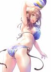  armpits ass beach_volleyball bikini blue_bikini breasts brown_eyes brown_hair commentary_request cowboy_shot from_behind harukana_receive highres large_breasts long_hair looking_back nagayori o-ring o-ring_bikini o-ring_bottom oozora_haruka_(harukana_receive) sideboob simple_background solo swimsuit volleyball white_background 