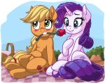  2016 applejack_(mlp) basket bedding blanket blonde_hair blue_eyes blush cowboy_hat cute cutie_mark duo earth_pony equine eyebrows eyelashes eyeshadow female female/female feral flower freckles friendship_is_magic green_eyes grin hair hair_tie hat hi_res hooves horn horse latecustomer looking_away love makeup mammal mascara mouth_hold my_little_pony outside picnic picnic_basket picnic_blanket plant pony purple_hair rarity_(mlp) rose shrub sitting sky smile teeth unicorn 