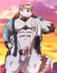  2018 anthro canine clothing digital_media_(artwork) erection horkeukamui humanoid_penis male mammal muscular muscular_male penis rossciaco solo tokyo_afterschool_summoners 