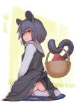  :3 animal_ears ass basket capelet commentary_request condom_box eyebrows_visible_through_hair from_behind full_body go_robots grey_hair hair_between_eyes highres lifted_by_self looking_at_viewer looking_back mouse_ears mouse_tail nazrin no_panties red_eyes short_hair sitting skirt skirt_lift skirt_set solo tail touhou 