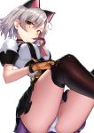  animal_ears ass bangs black_legwear black_skirt breasts brown_eyes cat_ears eyebrows_visible_through_hair girls_frontline gloves hair_between_eyes medium_breasts mouth_hold orange_gloves panties pleated_skirt puffy_short_sleeves puffy_sleeves red_ribbon ribbon ribbon_in_mouth ryuinu shirt short_hair short_sleeves sidelocks silver_hair simple_background sitting skirt solo thighhighs underwear vector_(girls_frontline) white_background white_panties white_shirt 