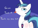  acstlu blue_eyes blue_hair butt cutie_mark english_text equine friendship_is_magic fur hair horn male mammal my_little_pony shining_armor_(mlp) solo text tongue tongue_out unicorn white_fur 