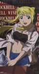  1girl 2003 bare_legs blonde_hair blue_eyes blush breasts cleavage curvy dated earrings female fullmetal_alchemist long_hair looking_at_viewer official_art ponytail scan shiny shiny_skin shorts smile upper_body winry_rockbell 