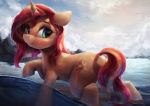  2018 absurd_res cloud convenient_censorship cutie_mark equestria_girls equine female feral hair hi_res horn mammal multicolored_hair my_little_pony outside partially_submerged solo sunset_shimmer_(eg) two_tone_hair unicorn vanillaghosties water wet 