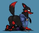  anthro backsack balls butt canine clothing fanta_(character) fox handcuffs looking_at_viewer male mammal necktie police shackles simple_background sirdrunkmann1 solo uniform 