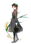  anne_of_green_gables anne_shirley bag blue_eyes boots braid brown_dress brown_footwear carrying_bag dress flower full_body green_hat hat long_sleeves red_hair solo sukja twin_braids white_background 