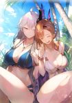  ahoge bikini blue_bikini bracelet braid breasts brown_hair cleavage closed_eyes commentary_request dappled_sunlight flower granblue_fantasy hair_flower hair_ornament hairclip head_wings highres jewelry kakage large_breasts laughing long_hair multiple_girls one_eye_closed open_mouth palm_tree parted_lips silva_(granblue_fantasy) silver_hair smile song_(granblue_fantasy) sunlight swimsuit thighs tree white_bikini yellow_eyes 