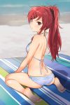  :&lt; ass bare_legs barefoot beach bikini blue_bikini breasts chigusa_asuha commentary_request eyebrows_visible_through_hair feet hair_ornament hairclip halterneck long_hair looking_at_viewer looking_back outdoors ponytail qualidea_code red_eyes red_hair sekiya_asami single_sidelock sitting small_breasts soles solo swimsuit wariza 