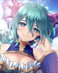  aqua_eyes aqua_hair artist_request blush brave_frontier breasts cleavage crossover dress hair_ornament hand_in_hair headgear long_hair lucina_(brave_frontier) official_art phantom_of_the_kill ponytail smile 