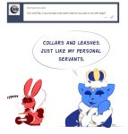  2018 anthro averyshadydolphin blue_fur breasts bunny_(averyshadydolphin) cat cleavage clothed clothing duo feline female fur kitty_(averyshadydolphin) lagomorph mammal pink_fur queen rabbit royalty simple_background speech_bubble spit_take text white_background 