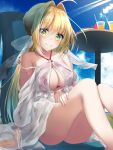  absurdres ahoge blonde_hair breasts chair cleavage commentary_request criss-cross_halter fate/grand_order fate_(series) green_eyes hair_intakes halterneck highres legs nero_claudius_(fate)_(all) nero_claudius_(swimsuit_caster)_(fate) sitting smile solo suisen-21 table 