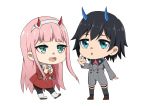  1girl bangs black_hair black_legwear blue_eyes blue_horns boots brown_footwear chibi commentary couple darling_in_the_franxx english_commentary eyebrows_visible_through_hair fangs green_eyes hair_ornament hairband hand_up hetero hiro_(darling_in_the_franxx) horns long_hair long_sleeves looking_at_another military military_uniform necktie oni_horns open_mouth orange_neckwear pantyhose pink_hair rachel_bouvier red_horns red_neckwear shoes socks spoilers uniform white_footwear white_hairband zero_two_(darling_in_the_franxx) 