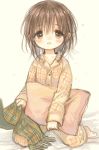 1girl blush brown_eyes brown_hair itou_hachi pajamas pillow scarf short_hair simple_background sitting smile solo 