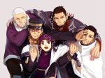  4boys ainu ainu_clothes arm_around_shoulder ash_tame asirpa bandana bangs beard black_eyes black_hair blue_eyes blunt_bangs buzz_cut clenched_hand cloak coat earrings facial_hair facial_scar fingerless_gloves gloves golden_kamuy grey_background grin hair_slicked_back hand_on_another's_face hat hoop_earrings jewelry kiroranke lifting_person long_sleeves military military_hat military_uniform multiple_boys ogata_hyakunosuke open_mouth pants pushing_away pushing_face red_eyes scar scarf shiraishi_yoshitake short_hair sideburns simple_background smile spiked_hair stubble sugimoto_saichi uniform white_hair 