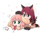  2girls all_fours animal_ears bang_dream! bangs biting blue_eyes bone chew_toy chibi dog_ears dog_tail ear_biting flying_sweatdrops gloves green_eyes hair_between_eyes hand_on_another's_head long_hair low_twintails lying medium_hair multiple_girls on_stomach paw_gloves paws pink_hair re_ghotion red_hair simple_background spoken_ellipsis spoken_sweatdrop sweatdrop tail twintails udagawa_tomoe uehara_himari v-shaped_eyebrows white_background 