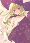  artist_name blonde_hair blush breasts choker cleavage code_geass code_geass:_boukoku_no_akito collarbone eyebrows_visible_through_hair floating_hair hair_between_eyes hat head_tilt holding komaichi large_breasts leila_(code_geass) long_hair nude purple_eyes purple_hat purple_ribbon ribbon ribbon_choker see-through_silhouette sideboob solo standing star very_long_hair witch_hat 