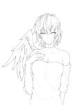  bare_shoulders braid breasts cleavage collar collarbone commentary_request cosplay eyebrows_visible_through_hair feathered_wings french_braid hair_between_eyes hand_on_own_chest hand_up hecatia_lapislazuli hecatia_lapislazuli_(cosplay) kagaribino kishin_sagume large_breasts long_sleeves looking_at_viewer monochrome off-shoulder_shirt off_shoulder shirt short_hair simple_background single_wing solo touhou upper_body white_background wings work_in_progress 