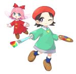  :d ;) adeleine beret black_hair blue_eyes blue_legwear bright_pupils brown_footwear closed_mouth dress fairy fairy_wings full_body green_dress hair_ribbon hat highres holding holding_paintbrush kirby:_star_allies kirby_(series) kirby_64 long_sleeves multiple_girls one_eye_closed open_mouth paintbrush palette pink_hair purple_eyes red_dress red_hat red_ribbon ribbon ribbon_(kirby) sasa_kichi shoes short_hair simple_background smile socks white_background white_pupils wings 