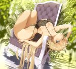  ahoge arched_back arm_up armchair ass blonde_hair blue_eyes blurry blush breasts chair cleavage collarbone commentary depth_of_field dutch_angle eyebrows_visible_through_hair fate/grand_order fate_(series) hand_in_hair highres jeanne_d'arc_(fate) jeanne_d'arc_(fate)_(all) large_breasts lingerie long_hair looking_at_viewer lying on_back one_eye_closed parted_lips solo sweat throtem underwear underwear_only upside-down very_long_hair water 