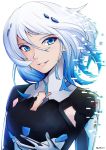  2017 beatless blue_eyes blue_hair blueriest bodysuit breasts chromatic_aberration cleavage cleavage_cutout floating_hair gradient_hair hair_between_eyes highres leicia medium_breasts multicolored_hair parted_lips silver_hair smile solo two-tone_hair upper_body white_background 